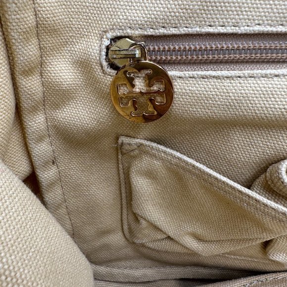 TORY BURCH Beige Canvas and Sage Green Patent Leather Ella Tote Bag - Picture 7 of 9